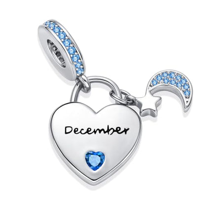 12 Months Birthstone Heart Charm Moon and Star Pendant Bead Compatible with Pandora Bracelet Women - style: December