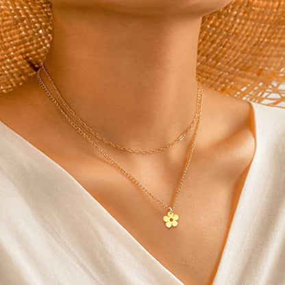 Aisansty Dainty Layered Choker Necklaces Handmade Coin Tube Star Pearl Pendant Multilayer Adjustable Layering Chain Gold Plated Necklaces Set for Women - color: Gold, style: Gold-Flower