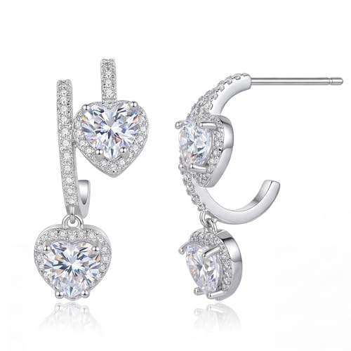 SAVORI 14K Gold Plated Heart CZ Drop Earrings for Women, 925 Sterling Silver Half Hoop Huggie Earrings with Dangling Heart Halo CZ Charm, Hypoallergenic Love Dangle Earrings, Everyday & Bridal Jewelry Gifts - color: Silver