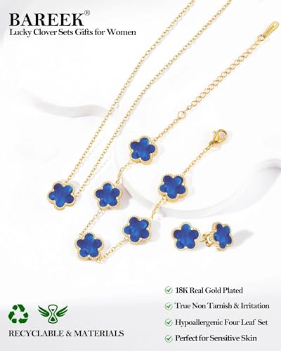 Clover Jewelry Set 3 PC - 18K Gold Plated Stainless Steel Y Necklace Four Leaf Pendant, Clover Link Bracelet Charm, Flower Earrings, Hypoallergenic Non-Tarnish,Simple Luxury Lucky Gifts for Women - color: Blue