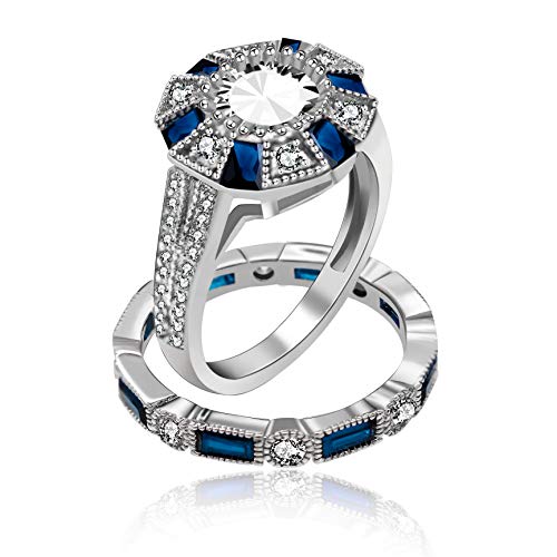 Uloveido Women's Platinum Plated Rectangular Cut Blue Cubic Zirconia 2 Pcs Engagement Wedding Band Rings Set Gift RJ497