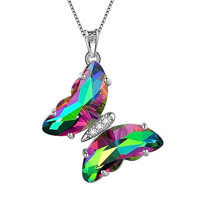 Aurora Tears Butterfly Necklace Earrings Ring Bracelet - Women 925 Sterling Silver Animal Butterflies Birthstone Pendant Crystal Wedding Birthday Jewelry - color: pendant-O.rainbow