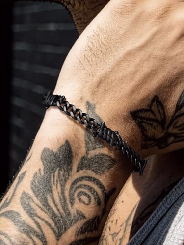 Bandmax Barbed Wire Chain Bracelets for Men Women Stainless Steel/Black/Gold Thorn Cuban Link Bracelet Adjustable Punk Emo Style Jewelry Gift - color: 08 7MM-Black Plated