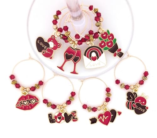 Pixie Valentine’s Day Wine Charms 8-Piece Set – Red & Gold Enamel Hearts, Wine Glass Markers for Parties, Gifts & Party Favors