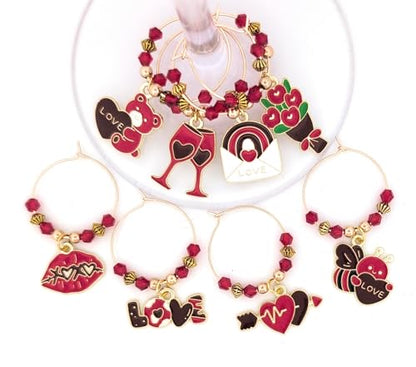 Pixie Valentine’s Day Wine Charms 8-Piece Set – Red & Gold Enamel Hearts, Wine Glass Markers for Parties, Gifts & Party Favors