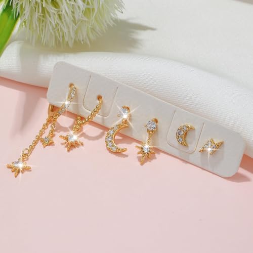 Gold Plated Ear Cuff Earrings for Women Non Piercing - Hypoallergenic Ear Cuffs Silver/Gold Non Tarnish Clip on Cartilage Earrings Fake Earring Set - color: D6:moon and star earrings
