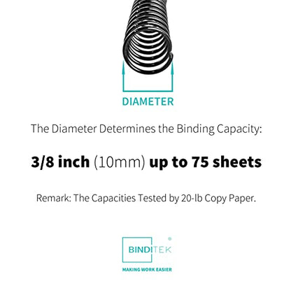 Binditek Plastic Spiral Binding Coils, 10 mm, 4:1 Pitch, Black, 200 Pack | Coil Binding Spines, 3/8", 75 Sheet Capacity, 48 Loops, for Letter-Size Reports, Presentations, School and Office Projects - size: 10mm, style: 200P , Black