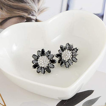 Crystal Flower Burst Stud Earirings - Big Sterling Silver CZ Cubic Zirconia Rhinestone Daisy Sunflower Floral Cluster Studs Bridal Wedding Party Prom Costume Jewelry for Bride Bridesmaids Women Birthstone Birthday Gift - color: Black