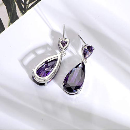 Wedding Jewelry Set for Bridesmaids - Sterling Silver Teardrop CZ Crystal Cubic Zirconia Rhinestone Diamond Bridal Necklace Earrings Set for Bride Mother of Bride Party Prom Birthstone Costume Jewelry - color: Feb-Amethyst