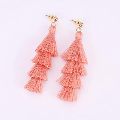 BaubleStar Bohemian Layered Tassel Drop Earrings for Women | Lightweight Statement Party Festival Jewelry - color: Blush