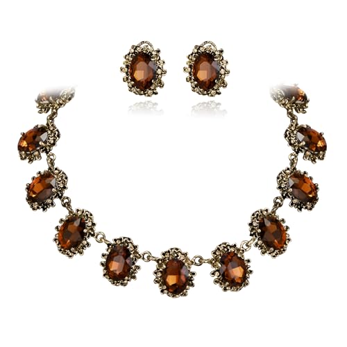 BriLove Victorian Style Statement Necklace Pierced Earrings Jewelry Set for Women Crystal Floral Cameo Inspired Oval Jewellery for Party Prom - color: Brown