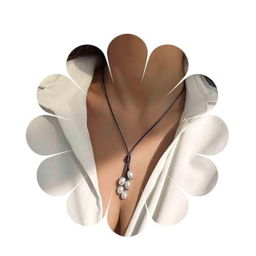 Vintage Black Leather Pearl Choker Necklace Leather Y Lariat Necklace Pearl Tassel Drop Necklace Vegan Leather Necklace Jewelry for Women - color: Black B