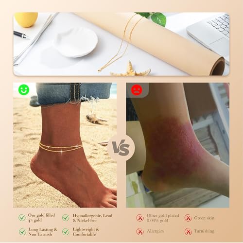 Kenivira Gold/Silver Ankle Bracelets for Women Dainty,18K Gold Plated/Sterling Silver Chain Anklets for Women Waterproof,Layered Anklets Set Non Tarnish Beachy Jewelry Gift - color: gold square