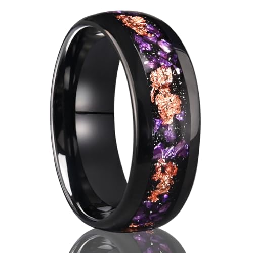 Tungsten Rings for Men and Women 8mm/4mm Men’s Wedding Bands | 8mm Black Inlaid Purple Galaxy Opal Fashion High Polished Suitable for engagement and anniversary parties comfortable fit - color: 8mm gold and purple