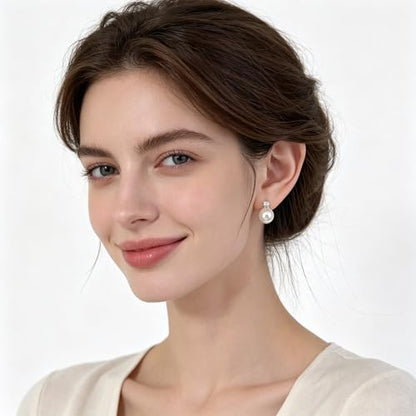 10mm White Faux Pearl Stud Earrings with 3mm Cubic Zirconia Inlay, Hypoallergenic Lightweight S925 Silver Post Earrings for Women