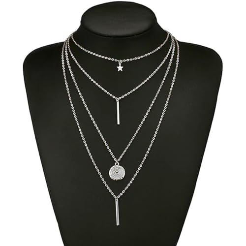 Layered Necklace Pendant Handmade Dainty Choker Bar Layering Long Necklace for Women(Silver) - color: Silver Star