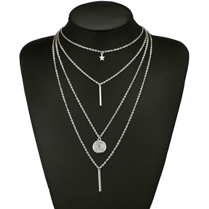 Layered Necklace Pendant Handmade Dainty Choker Bar Layering Long Necklace for Women(Silver) - color: Silver Star