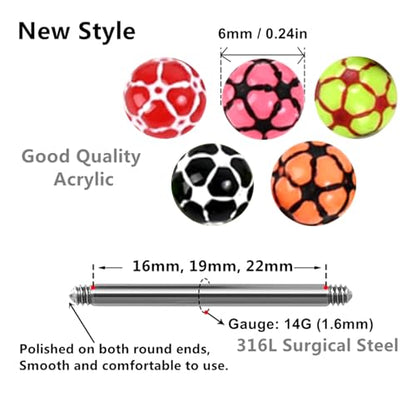 10pc 14G Tongue Ring Surgical Steel Bar UV Acrylic Ball Multi Color Star & Football Pattern Barbell Body Piercing Jewelry