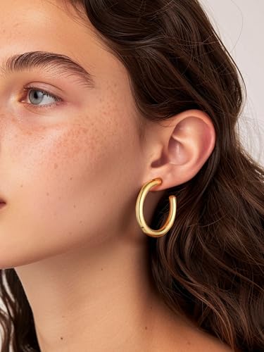 PROSTEEL Chunky Hoop Earrings for Women 14K Gold Plated/Black/Silver | 20/30/40/50/60/70/80mm Stainless Steel Thick Big Round Hoop with Waterproof and Non Tarnish Trendy Jewelry with Gift Box - color: 2. Gold, size: 40MM