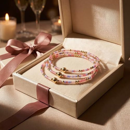 Dainty Gold Plated Tiny Ball Colorful Beaded Stack Bracelets Sets for Women,3Pcs Stackable Cute Bracelet Stretch Trendy Ball Jewelry Friendship Gift - color: pink