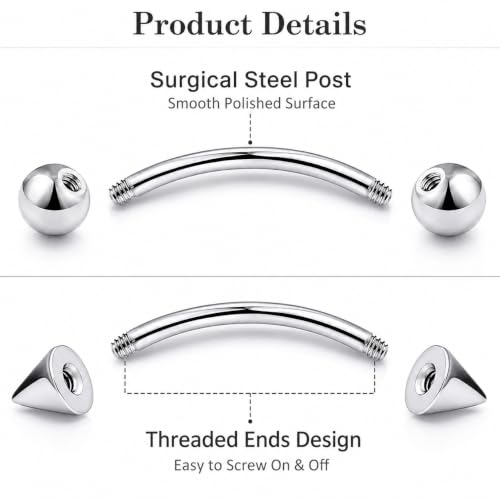 16-Piece 16G Curved Barbell Eyebrow Rings, Ball/Spike, 6-12mm | Hypoallergenic 316L steel with 3mm ball and spike ends for eyebrow, rook, vertical labret, lip, navel and daith piercings