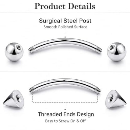 16-Piece 16G Curved Barbell Eyebrow Rings, Ball/Spike, 6-12mm | Hypoallergenic 316L steel with 3mm ball and spike ends for eyebrow, rook, vertical labret, lip, navel and daith piercings