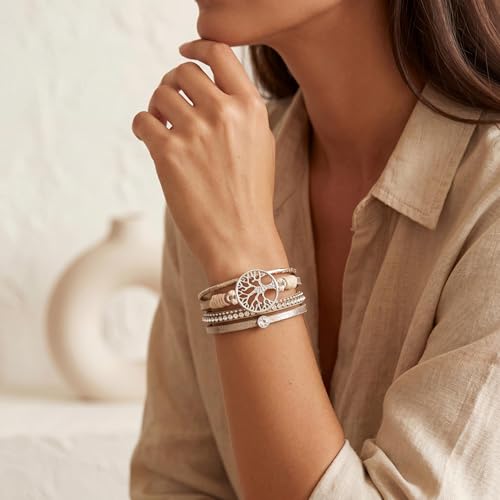 Edoneery Leather Wrap Bracelets for Women, Boho Layered Cuff Bangle | Multi-layer Leather Cuff, Daily wear, Stackable Bangle, Easy on-off, Western Jewelry Gifts for Women - color: Beige-1