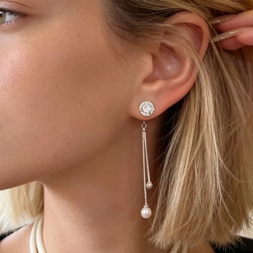Long Tassel Pearl Drop Earrings, Silver-Tone CZ Crystal Earrings with Faux Pearl for Women, Elegant Korean Style