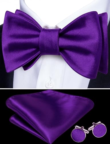 YOHOWA Bow Ties for Men Self-tied Silk Bowtie Solid Color with Lapel Pin and Handkerchief Cufflinks for Wedding Party Prom - color: Soild a Deep Purple