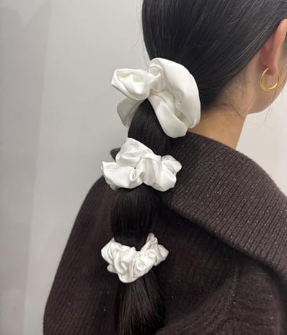 3 Pieces Satin Scrunchies Set for Hair No Crease Elastic Hair Ties for Women and Girls (White) - color: White