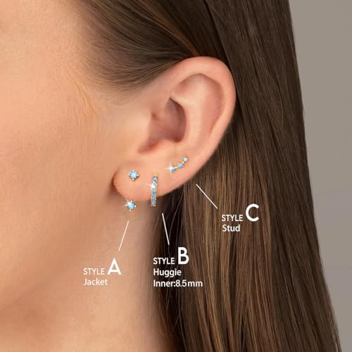 3 Pairs Dainty Small Earrings Set for Women Trendy, Birthstone Stud Huggie Hoop Jacket Stack for Cartilage Helix, Gold Plated Hypoallergenic Cute Women Fashion Accessories Western Jewelry Gifts - color: 03Blue Created Aquamarine-Mar (Gold)