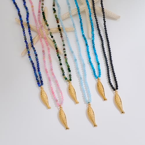 Boho Fish Necklace for Women - Blue Natural Stone Fish Pendant Necklace, Bohemian Beach Jewelry Colourful Jewelry for Summer Vacation - color: Light blue