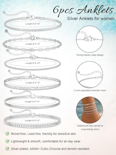 14K Gold/Silver Plated Anklets for Women Layered Anklet Set | Non Tarnish Waterproof Brass Ankle Bracelet, Adjustable Lightweight Dainty Hypoallergenic Chain, Beach Vacation Summer Gift - style: Style8