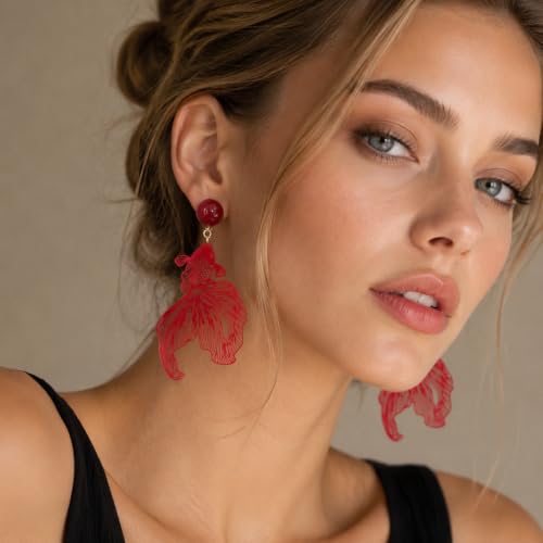 Red Koi Fish Clip On Earrings, Metal and Acrylic Statement Dangle Earrings for Women Festival Party Jewelry
