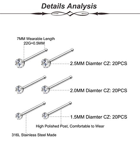 REVOLIA 60-120Pcs 22G 316L Stainless Steel Nose Studs Rings Piercing Body Jewelry 1.5-2.5mm