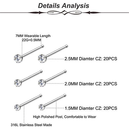 REVOLIA 60-120Pcs 22G 316L Stainless Steel Nose Studs Rings Piercing Body Jewelry 1.5-2.5mm
