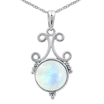 Natural Round Gemstone Pendant Necklace for Women, 925 Sterling Silver | Solitaire Birthstone Jewelry With 18 Inch Chain, Handmade Semi Precious Stone Pendant, Jewelry Gift for Mom, Wife & Sister - color: Moonstone