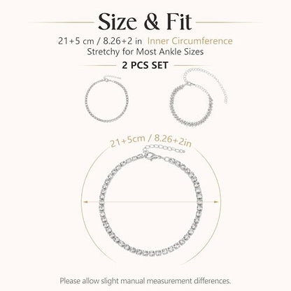 Fesciory Heart Rhinestone Ankle Bracelets for Women, Adjustable Silver Plated Shiny Tennis Anklets, Twinkle Cubic Zircon Imitation Diamond Anklet Foot Chain Jewelry Gifts - color: 2 Rhinestones