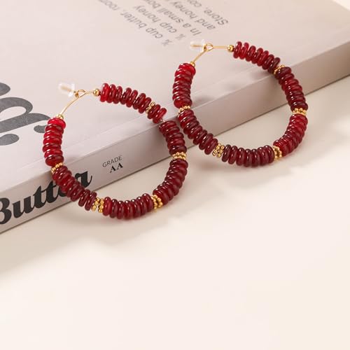 Wellike Beaded Hoop Earrings for Women Natural Stone Pink Gold Huggie Earrings Hypoallergenic Dainty Waterproof Trendy Jewelry - color: Burgundy, size: 50mm