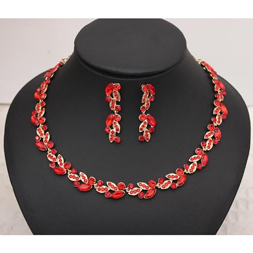 QLLYHLH Woman’s Brides Bridesmaid Leaf Choker Necklace Dangle Earrings Link Bracelet Austrian Crystal Wedding Jewelry Set Prom Costume Party Events | Brides, Bridesmaid, Prom, Events, Costume Party, Leaf - color: Red-Gold Plated