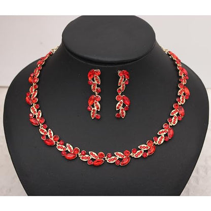 QLLYHLH Woman’s Brides Bridesmaid Leaf Choker Necklace Dangle Earrings Link Bracelet Austrian Crystal Wedding Jewelry Set Prom Costume Party Events | Brides, Bridesmaid, Prom, Events, Costume Party, Leaf - color: Red-Gold Plated