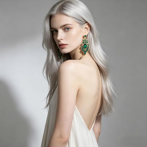 Rhinestone Drop Earrings for Women Chunky Gold Crystal Teardrop Earrings Statement Wedding Party Prom Bridal Jewelry - color: Green