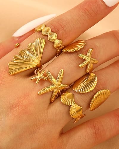 Chunky Gold Shell Starfish Ring Set for Women Trendy Gold Flower Scallop Seashell Starfish Gemstone Rings Adjustable Stacking Statement R-ings Non Tarnish Spring Summer Jewelry Accessories - color: A5:6 pcs