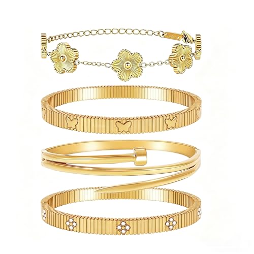 Stackable Gold Bracelets for Women - 4 Sets, 18K Gold Plated Bracelets, Stainless Steel Bangle Bracelets Non-Tarnish, Stylish Gold Jewelry Ensemble, Valentine's Day, Birthday and Christmas Jewelry Gifts - color: A1-(Gold 4Sets)