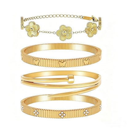 Stackable Gold Bracelets for Women - 4 Sets, 18K Gold Plated Bracelets, Stainless Steel Bangle Bracelets Non-Tarnish, Stylish Gold Jewelry Ensemble, Valentine's Day, Birthday and Christmas Jewelry Gifts - color: A1-(Gold 4Sets)