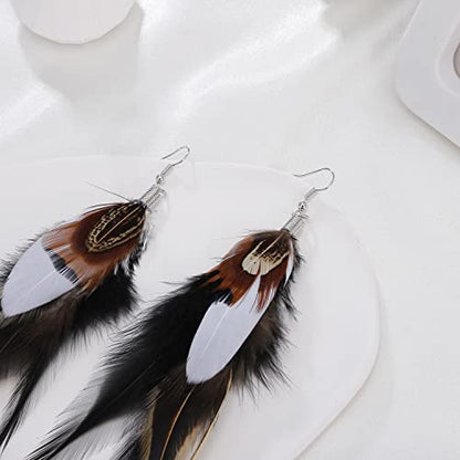 Bohemian Pheasant Peacock Long Feathers Statement Earrings Handmade Natural Lightweight Feather Dangle Earrings for Women (ea000071) - color: Black&White