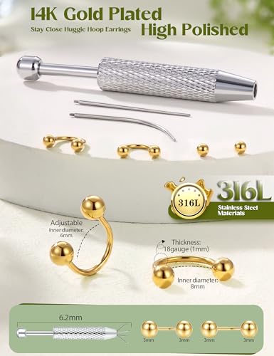 ORAZIO Half Huggie Earrings Jacket Pack for Women Backless Hoop Earring 18G | Hypoallergenic Surgical Steel Arc Hoop Backless No Back Stacks Set Small CZ Screwback Studs Jewelry Gift for Women Men Trendy - color: Gold Plated-Style1 Round