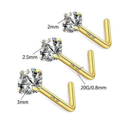 3 Pcs 14K Gold Filled Nose Studs 20G Stainless Steel Stud Nose Ring 2mm/2.5mm/3mm Round CZ L Bend Nose Stud Hypoallergenic Nose Piercing - color: gold L