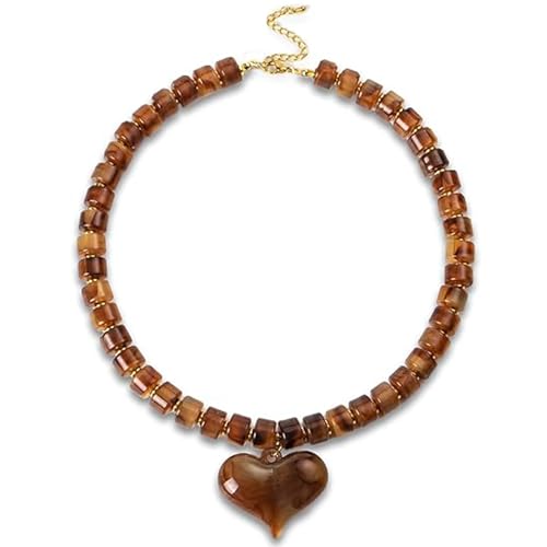 Chunky Heart Necklaces for Women Colorful Resin Beaded Necklaces for Women Gold Puffy Heart Statement Necklace Trendy Acrylic Choker Jewelry Gift - color: Brown