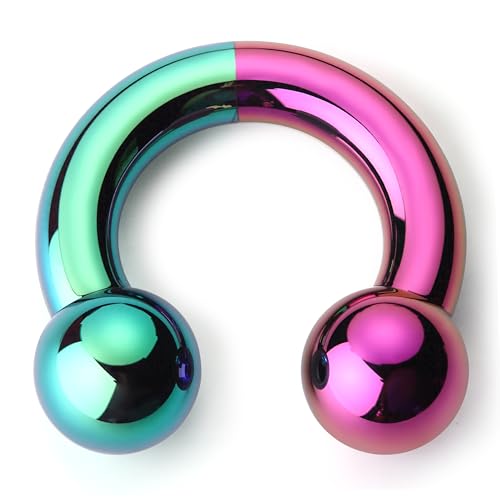 BodyBonita Anodized Septum Rings, G23 Titanium Nose Ring Horseshoe, Large PA Ring 6G 8G 12G, Internally Threaded Circular Barbell Stretched Gauges for Ears, CBR Body Piercing Jewelry for Women Men - color: Anodized Green&Pink, size: 6G(4mm)-10mm